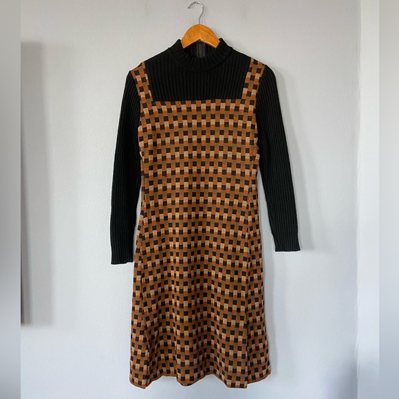 Vintage 70s Jay Kobrin Brown & Black Checkered Mock Neck Long Sleeve Dress 10 - Picture 2 of 10